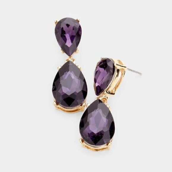 Purple Crystal Double Teardrop Gold Earrings - Picture 1 of 5